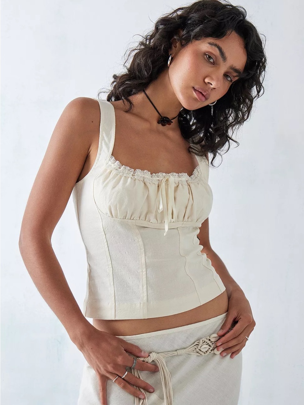 Urban Outfitters UO BDG Linen Prairie Cami Top SZ L Cottagecore Cream Bustier